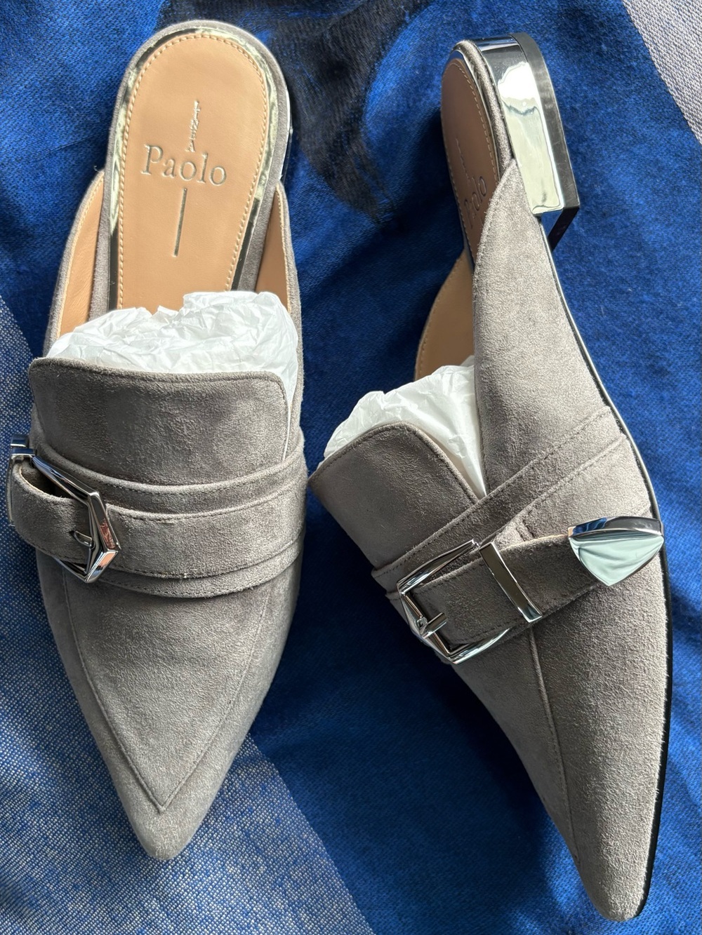 Paolo Women's Gray Suede Pointed-Toe Buckle Mules
